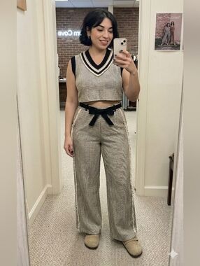 NEW POL 100% Cotton Woven Cream Black Gold Thread Lace Trim Crop Top & Pants Set